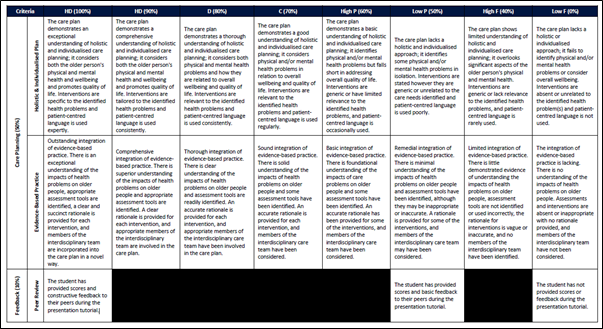 Image of a UOW School of Nursing assessment task rubric.